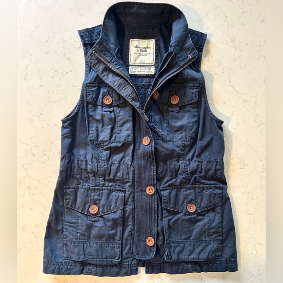 Abercrombie & Fitch Navy Blue Utility Cargo Vest Outerwear Jacket 100% Cotton - Picture 6 of 14